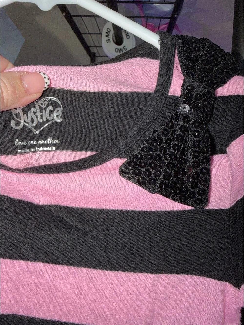 Girls Size 7 Pink & Black Long Sleeve Dress with Sequin Bow | Sparkly Skirt